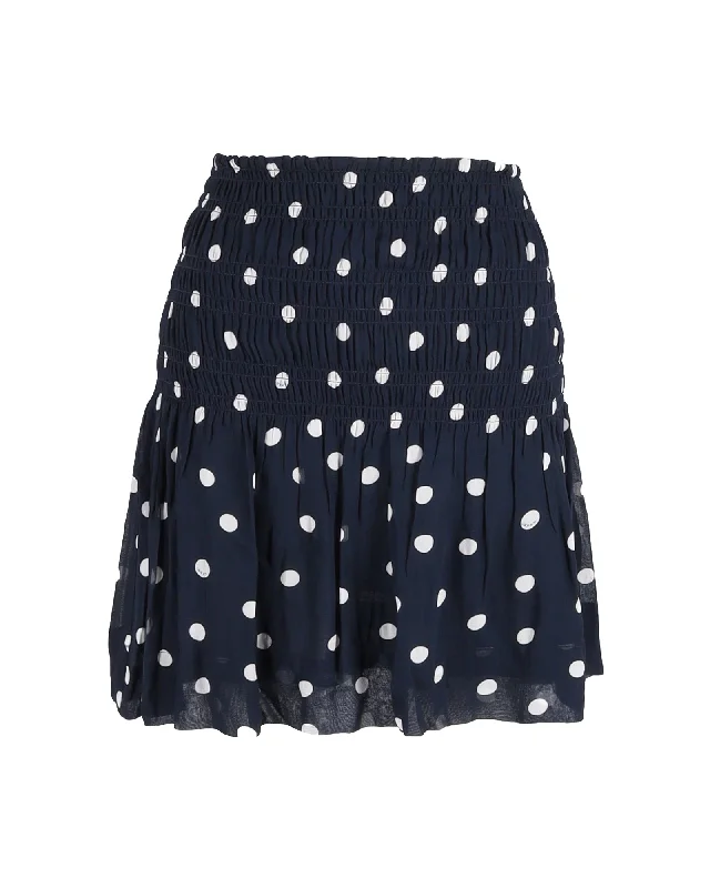 Long Skirts for Graduation -Ganni Smocked Polka-Dot Mini Skirt in Navy Blue Viscose