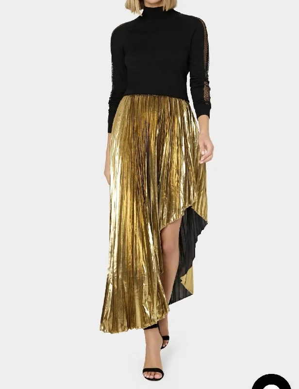 Pleated Long Skirts for Texture -Shenandoah Asymmetrical Pleated Lame Skirt In Gold