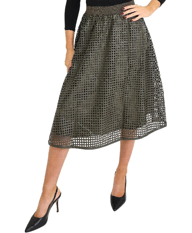 Vintage denim skirts for nostalgic charm -Faux Leather Midi Skirt w/ Cutouts