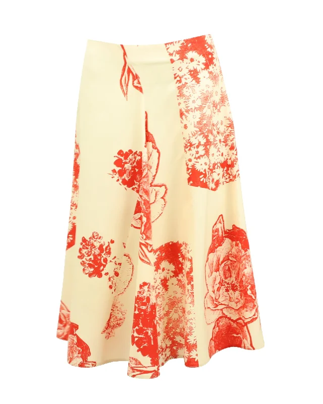 White Long Skirts for Pure -Stella McCartney Floral Print A-Line Midi Skirt in White Silk