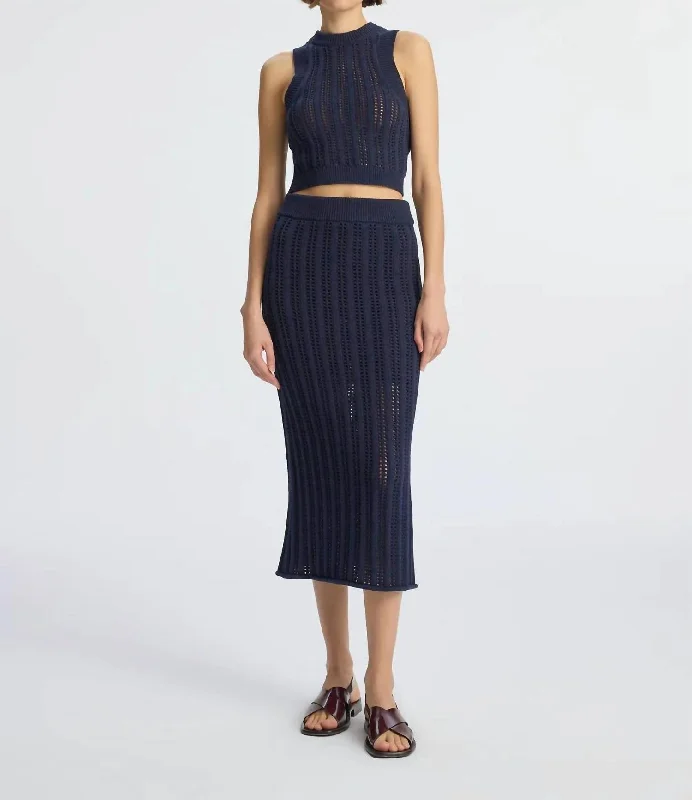 Linen Long Skirts for Breathable -Aurora Crochet Midi Skirt In Navy