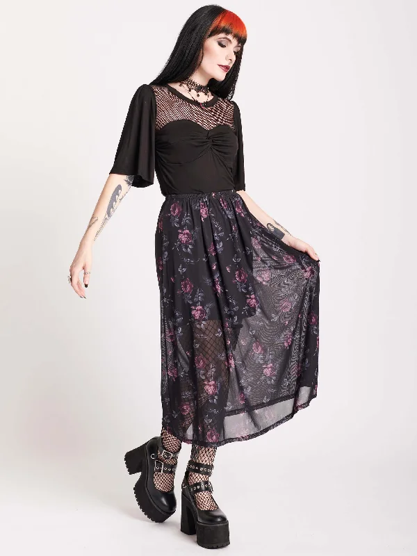 Casual skirts with relaxed fit comfort -Floral Mesh Midi Skirt