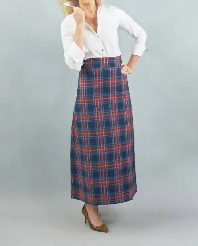 Satin Long Skirts for Shiny -Sanibel Skirt In Navy Plaid